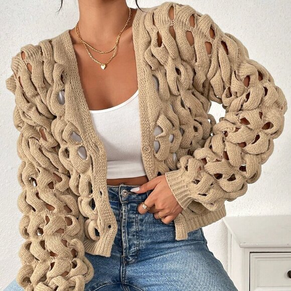 Sweaters - Khaki Casual Women's Long Sleeve Cable Knit Hollow-Out Cardigan